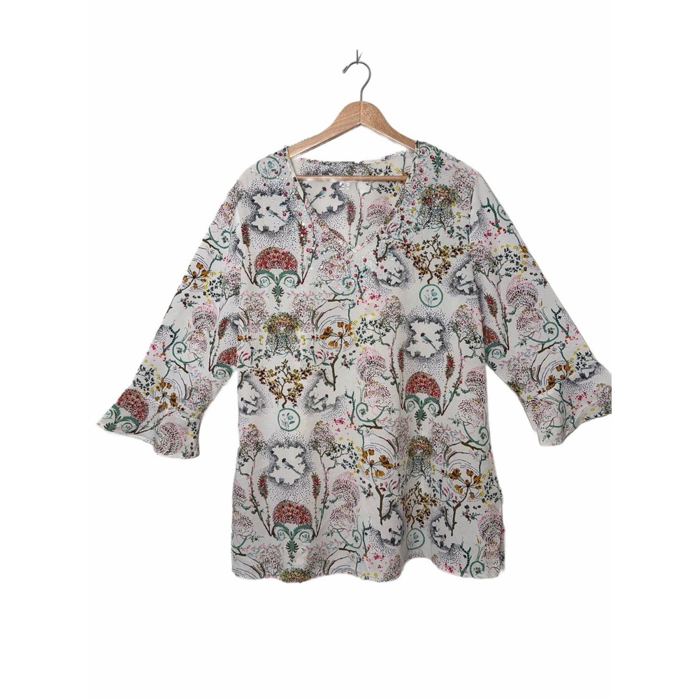 Princess Cruises Top L White Floral Bird Rhinestone V-Neck Bell Sleeve Tunic
